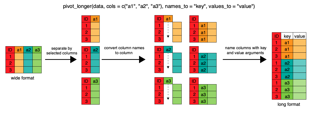 Diagram illustrating how pivot longer reorganizes a data frame from a wide to long format